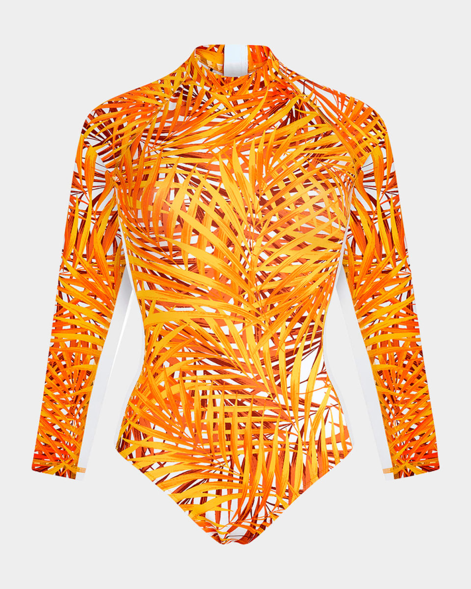 Palm Leaves Neoprene Rashguard One-Piece Swimsuit
